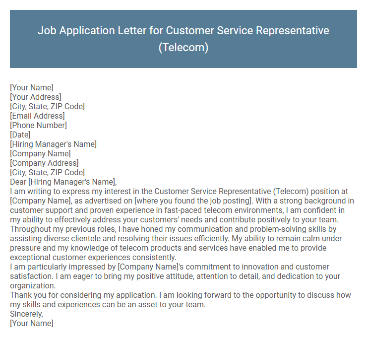 Job Application Letter for Customer Service Representative (Telecom)