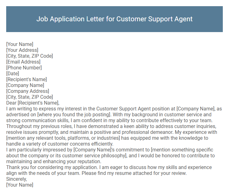 Job Application Letter for Customer Support Agent