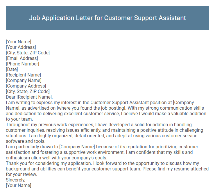 Job Application Letter for Customer Support Assistant