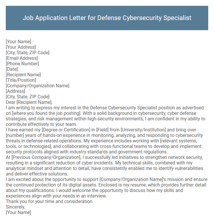 Job Application Letter for Defense Cybersecurity Specialist