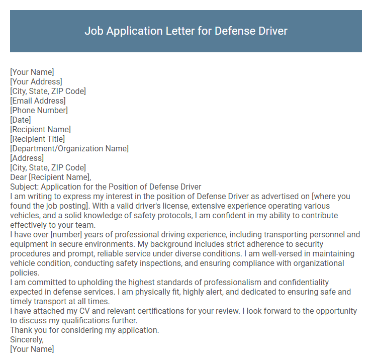 Job Application Letter for Defense Driver