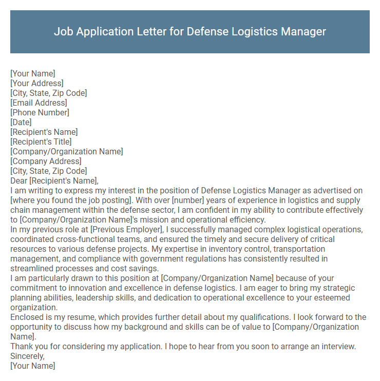 Job Application Letter for Defense Logistics Manager