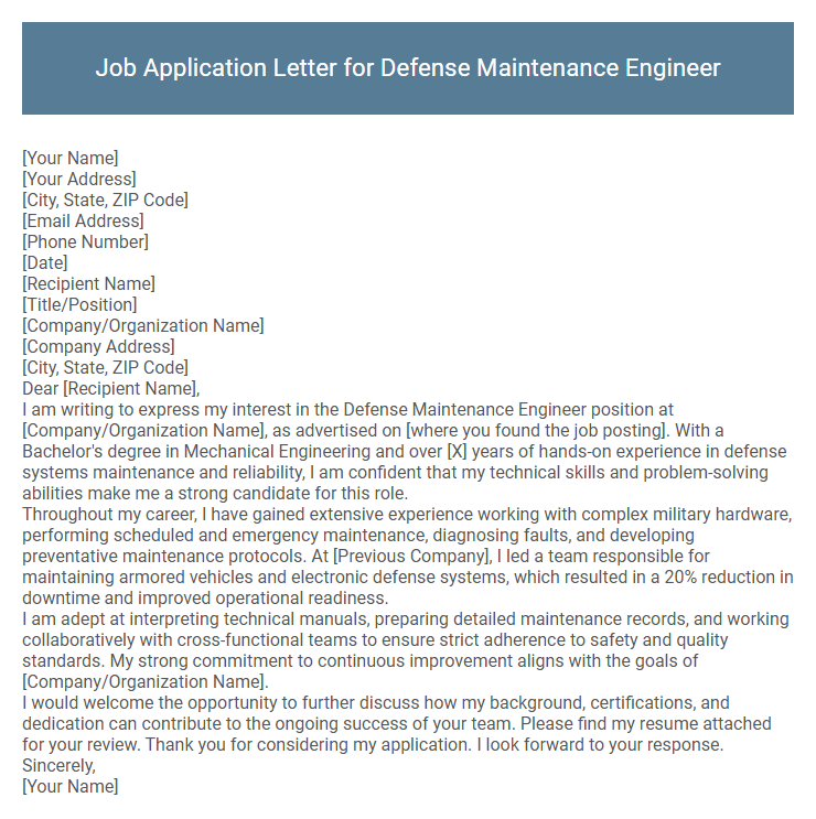 Job Application Letter for Defense Maintenance Engineer