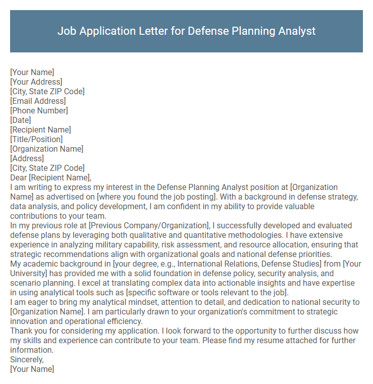 Job Application Letter for Defense Planning Analyst
