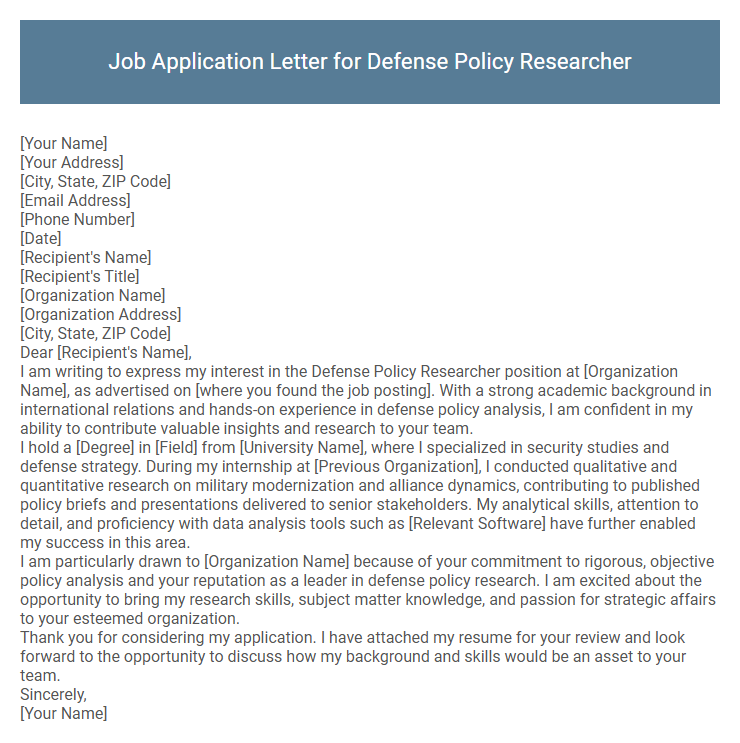 Job Application Letter for Defense Policy Researcher
