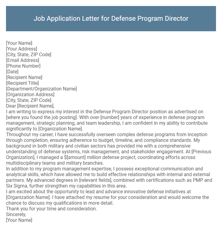 Job Application Letter for Defense Program Director