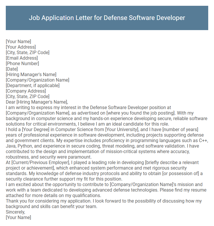 Job Application Letter for Defense Software Developer