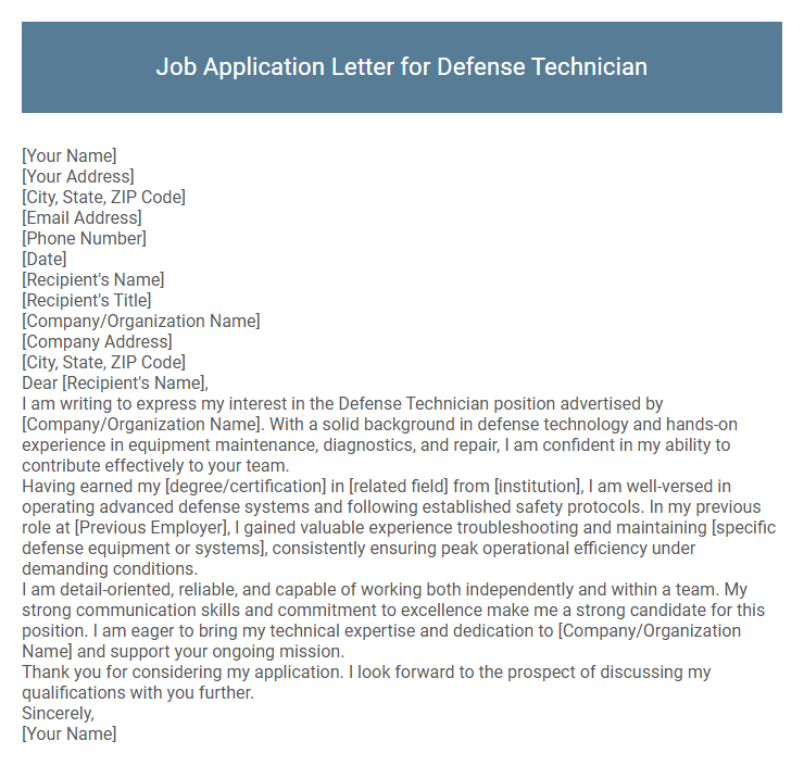 Job Application Letter for Defense Technician
