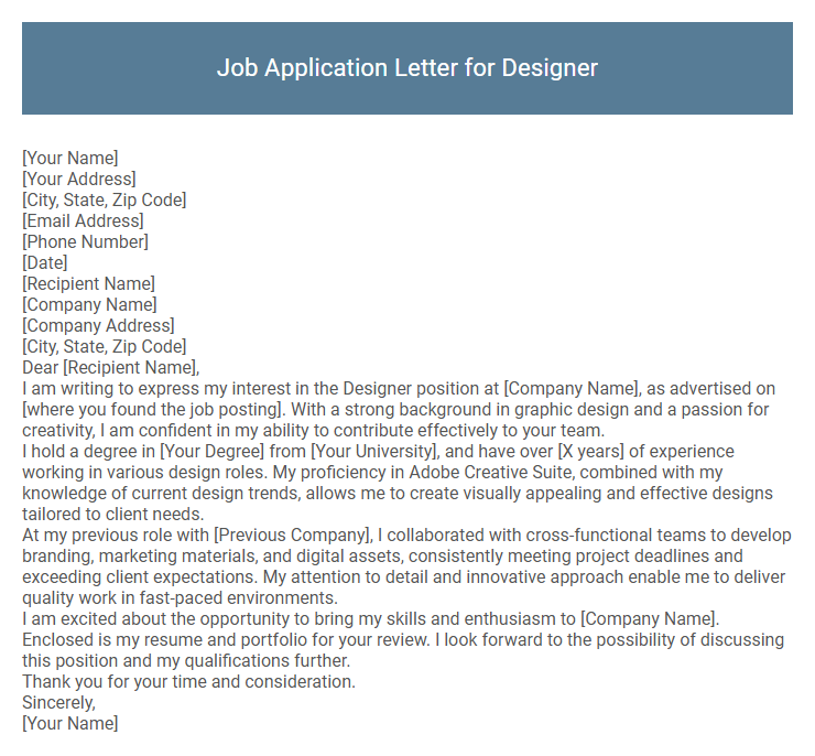 Job Application Letter for Designer