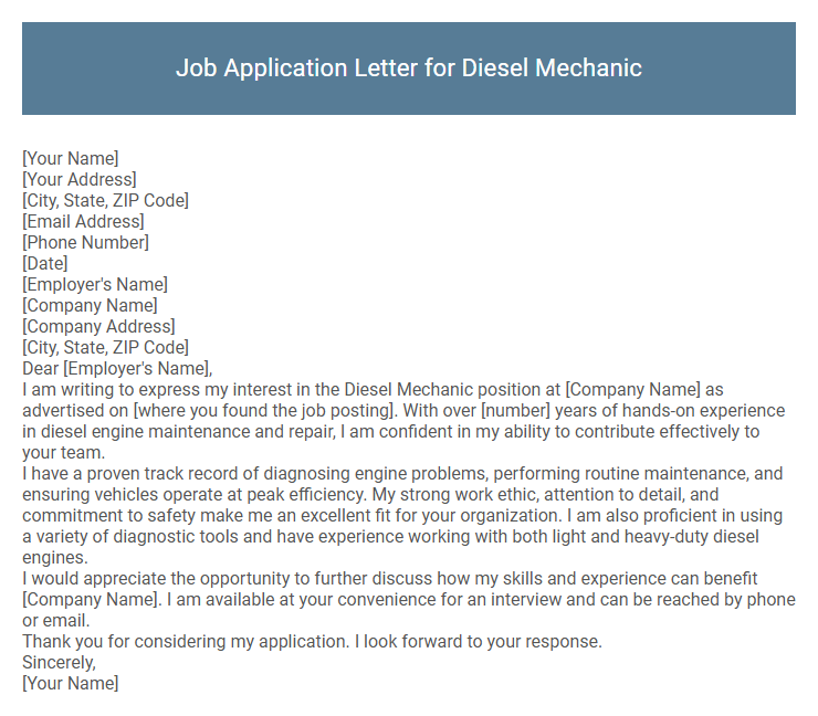 Job Application Letter for Diesel Mechanic