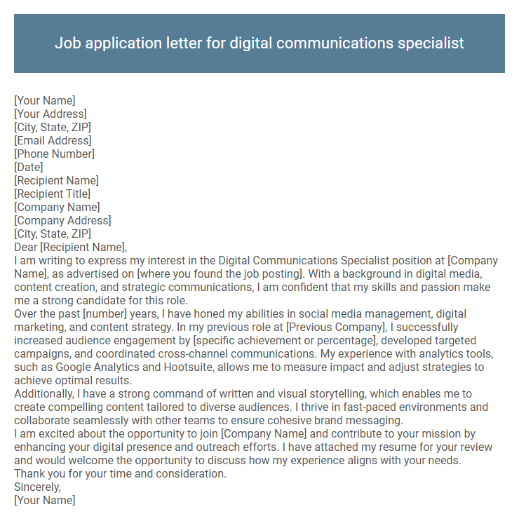 Job application letter for digital communications specialist