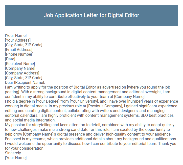 Job Application Letter for Digital Editor