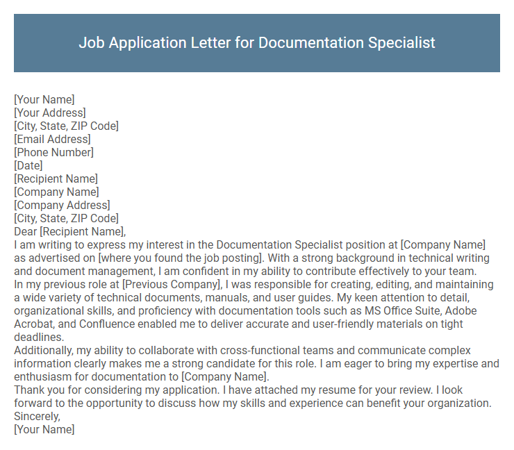 Job Application Letter for Documentation Specialist