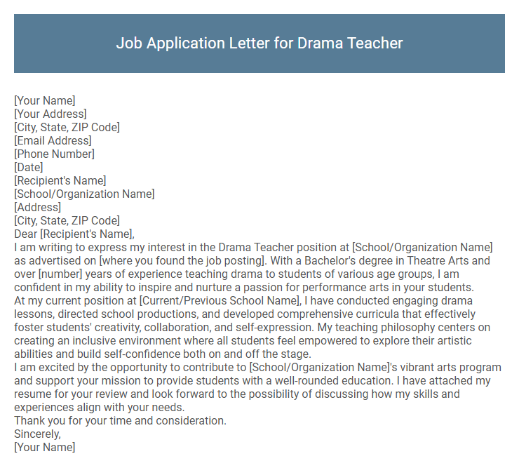 Job Application Letter for Drama Teacher