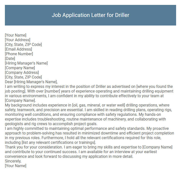 Job Application Letter for Driller