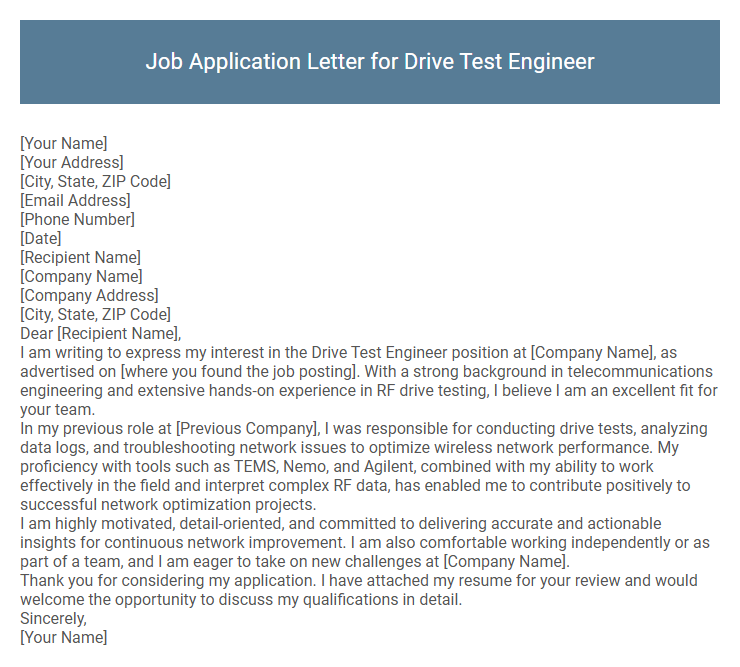 Job Application Letter for Drive Test Engineer