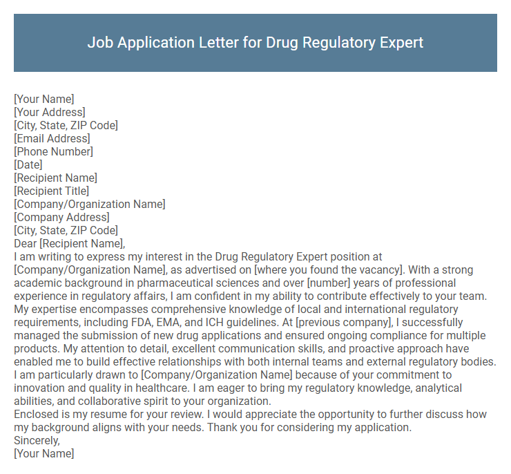 Job Application Letter for Drug Regulatory Expert