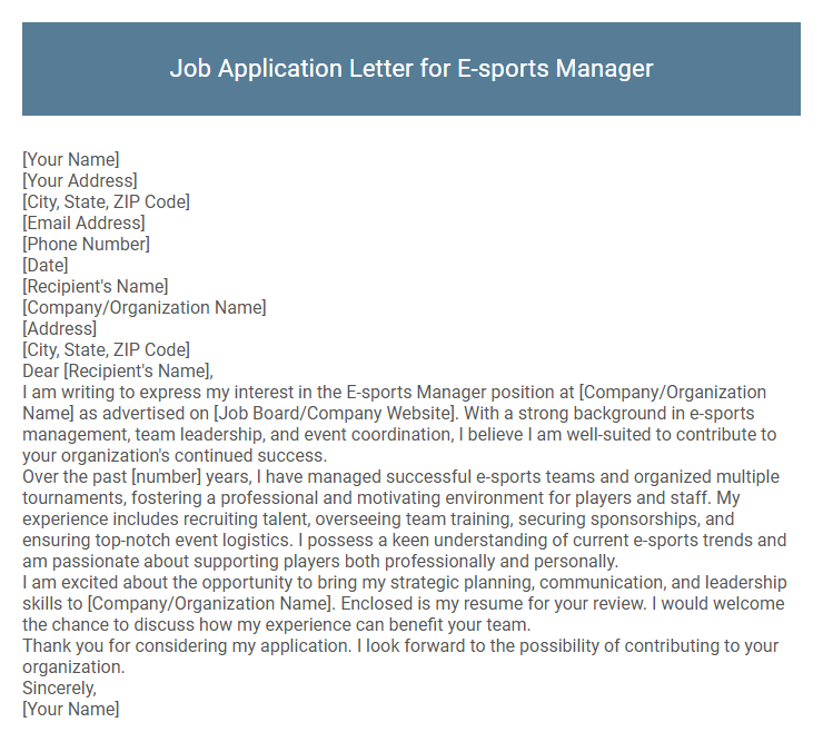 Job Application Letter for E-sports Manager