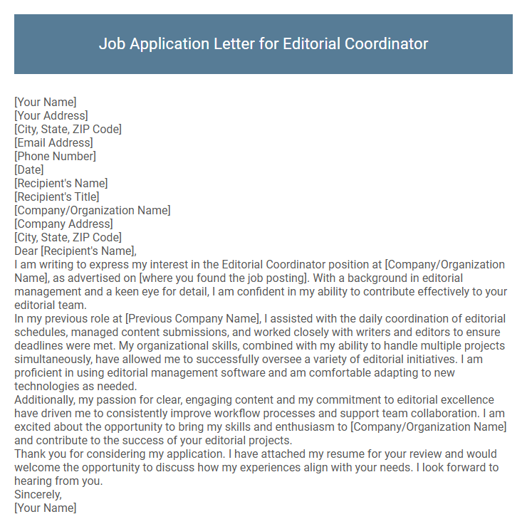 Job Application Letter for Editorial Coordinator