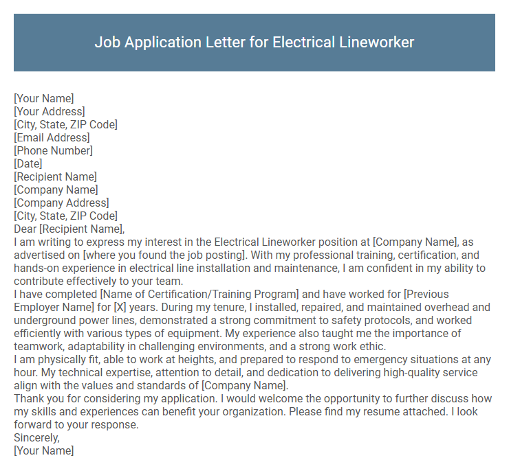 Job Application Letter for Electrical Lineworker
