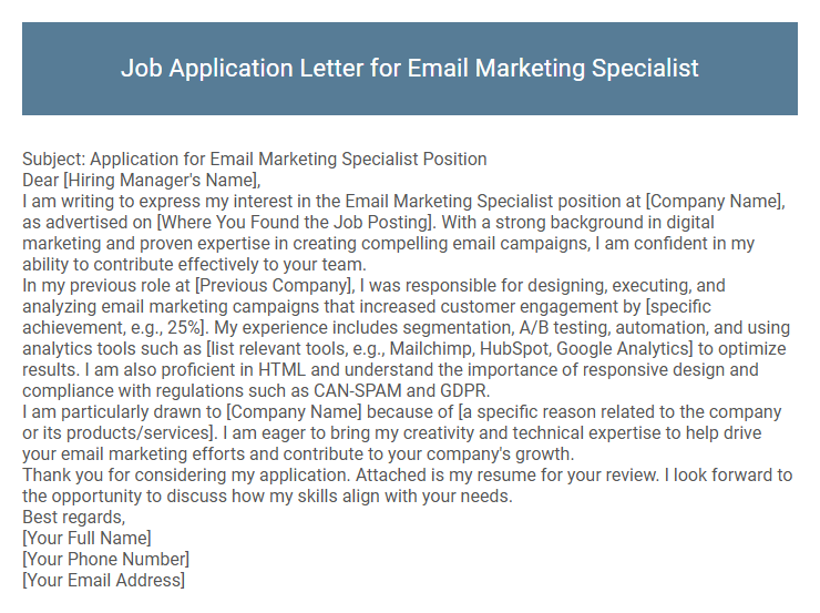 Job Application Letter for Email Marketing Specialist