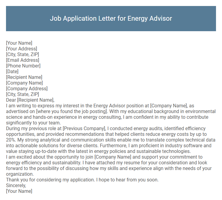 Job Application Letter for Energy Advisor