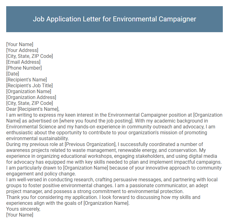 Job Application Letter for Environmental Campaigner