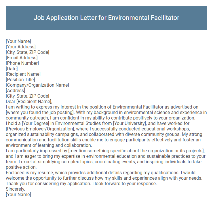 Job Application Letter for Environmental Facilitator