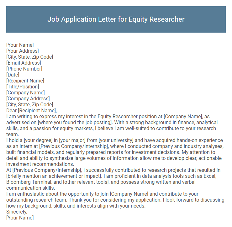 Job Application Letter for Equity Researcher