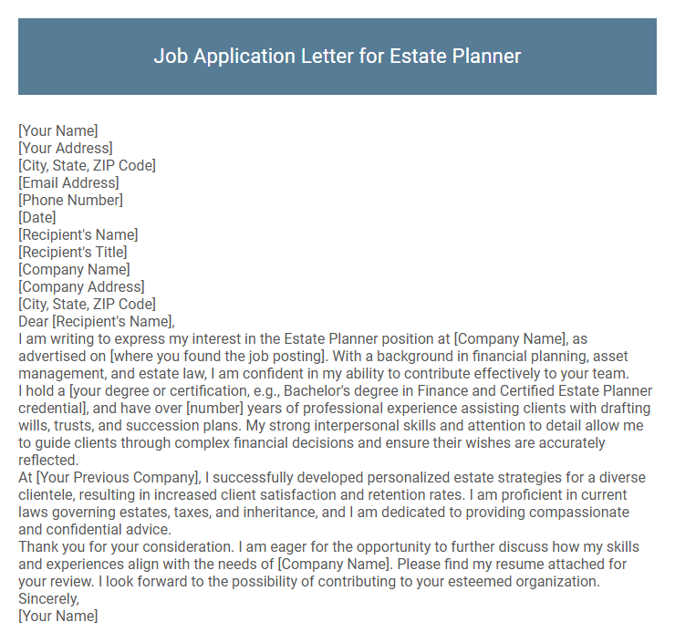 Job Application Letter for Estate Planner