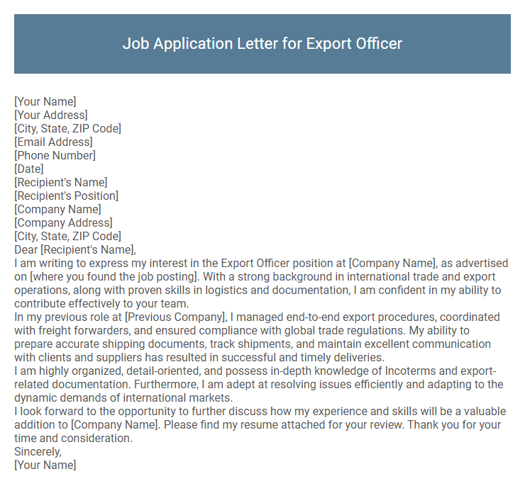 Job Application Letter for Export Officer
