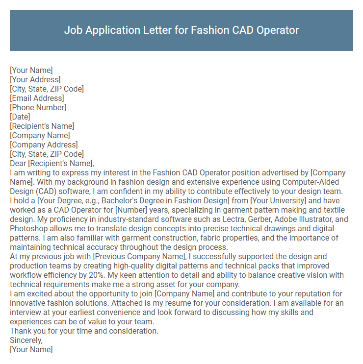 Job Application Letter for Fashion CAD Operator