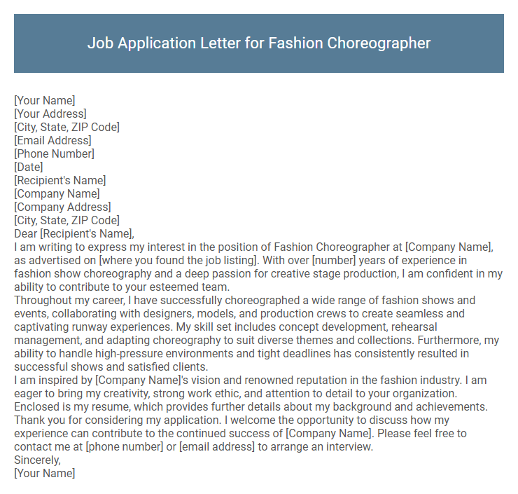 Job Application Letter for Fashion Choreographer