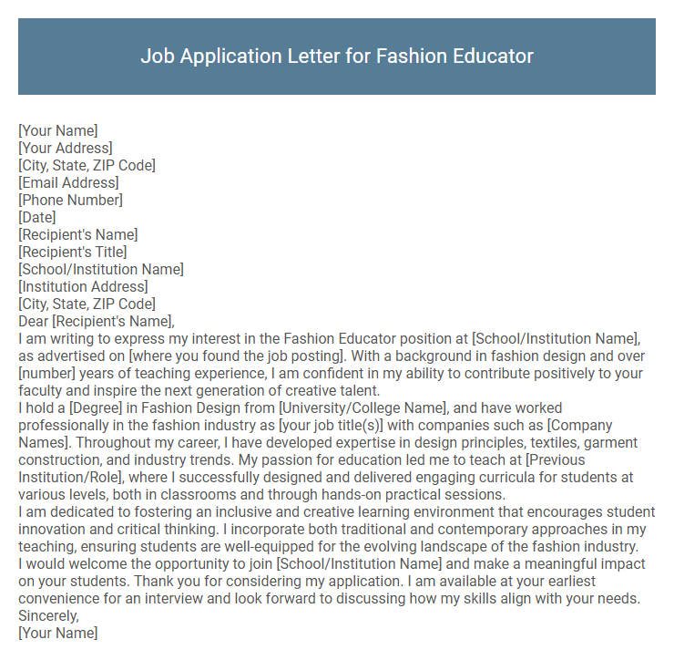 Job Application Letter for Fashion Educator