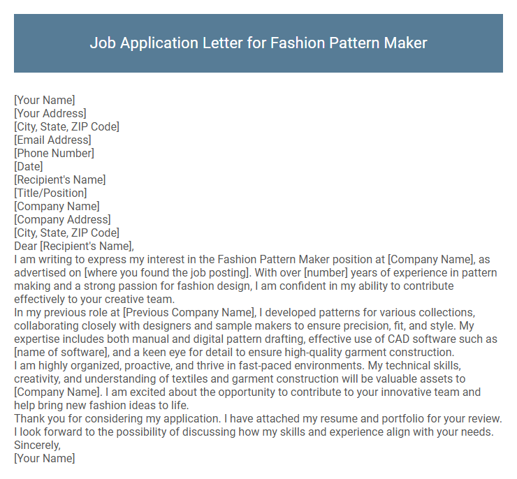 Job Application Letter for Fashion Pattern Maker