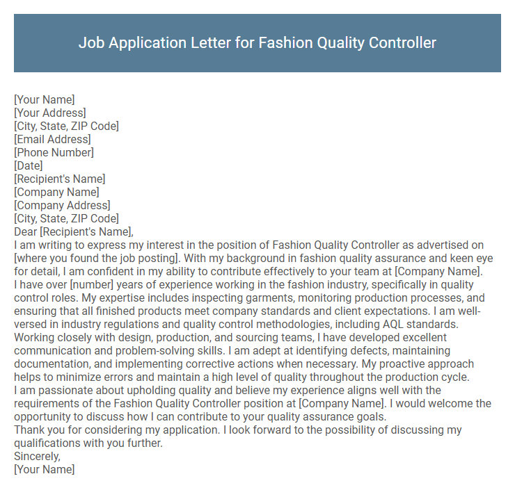 Job Application Letter for Fashion Quality Controller