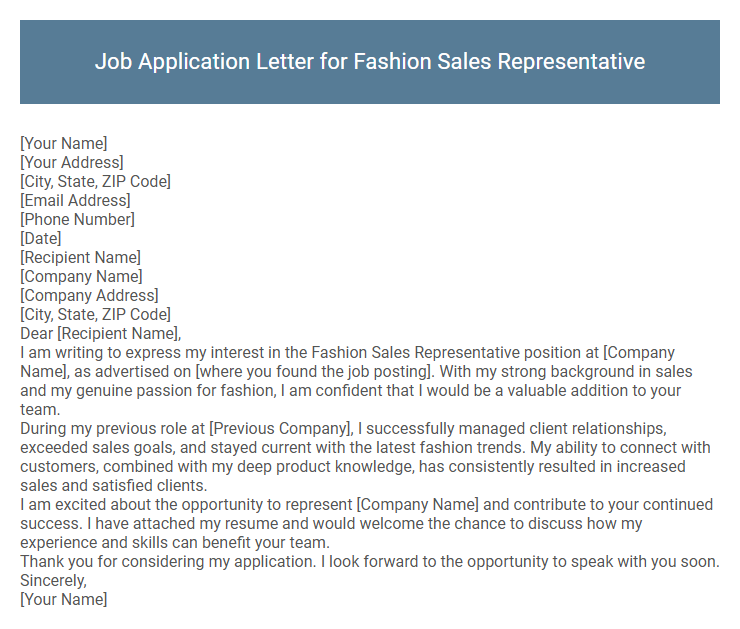 Job Application Letter for Fashion Sales Representative