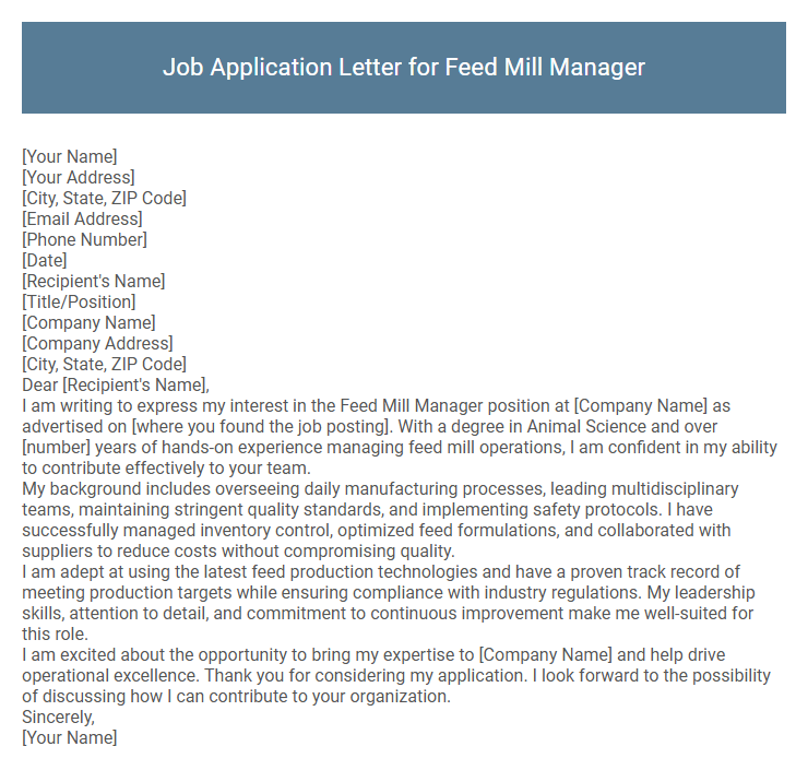 Job Application Letter for Feed Mill Manager