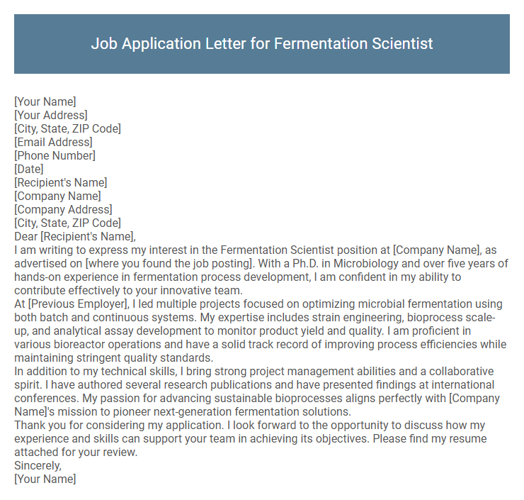Job Application Letter for Fermentation Scientist