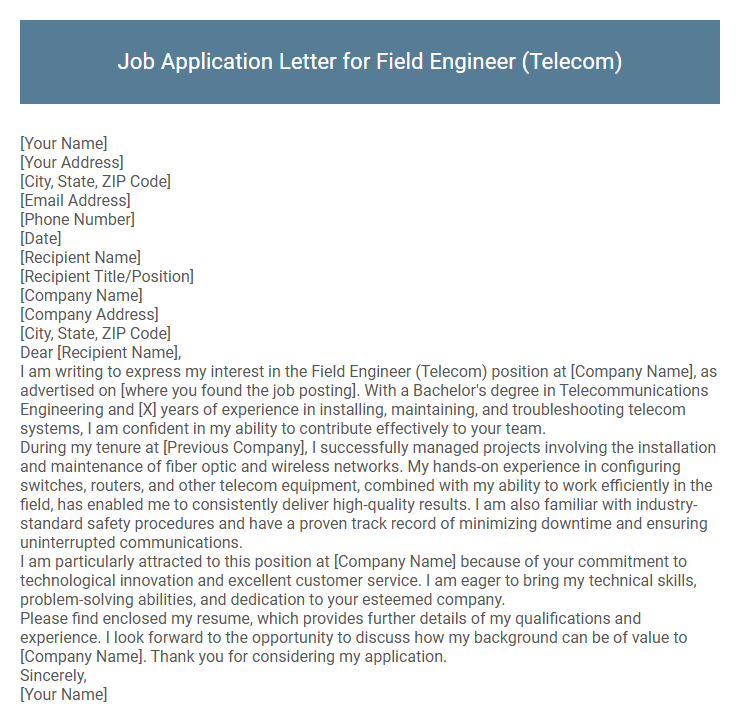Job Application Letter for Field Engineer (Telecom)