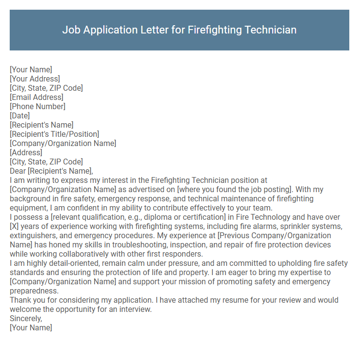 Job Application Letter for Firefighting Technician