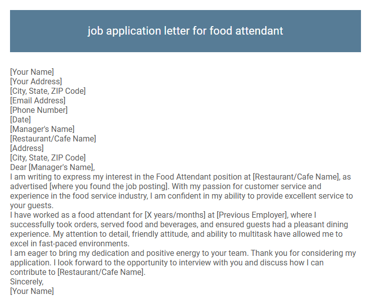 job application letter for food attendant
