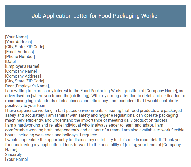 Job Application Letter for Food Packaging Worker