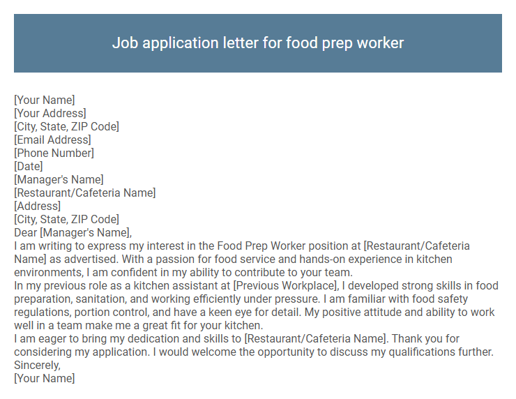 Job application letter for food prep worker