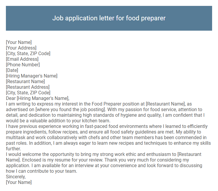 Job application letter for food preparer