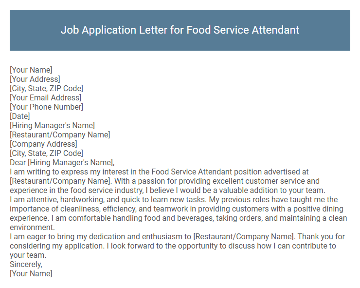 Job Application Letter for Food Service Attendant