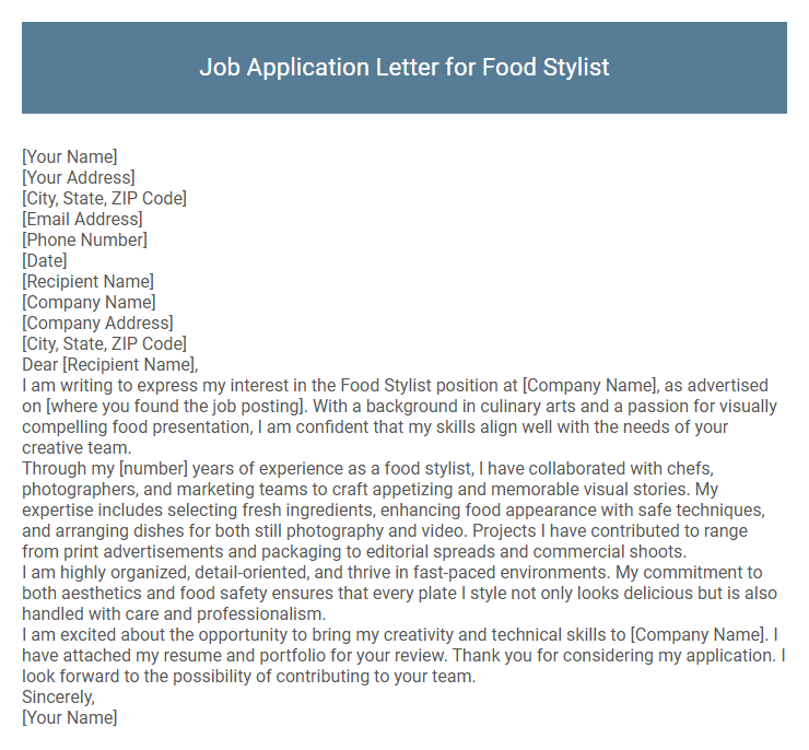 Job Application Letter for Food Stylist
