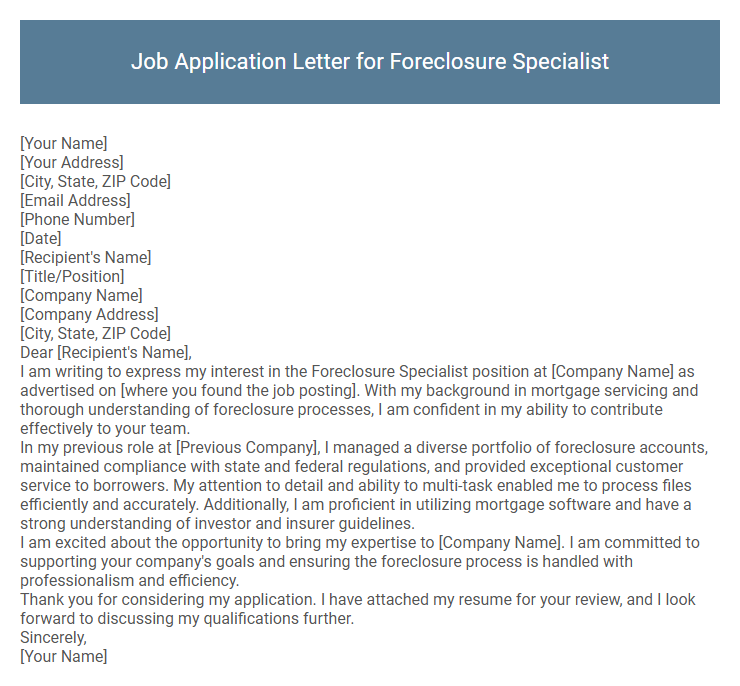 Job Application Letter for Foreclosure Specialist