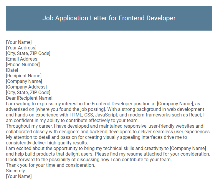 Job Application Letter for Frontend Developer