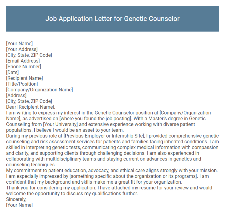 Job Application Letter for Genetic Counselor